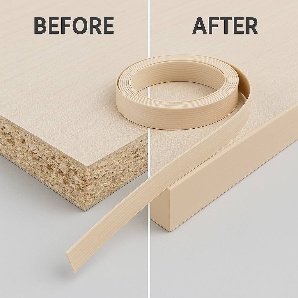 Before and after applying Durawell PVC edge banding